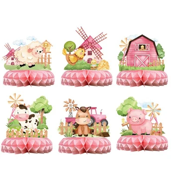 6 pezzi centrotavola a nido d'ape per animali da fattoria, palline per torte a tema fattoria, toppers da tavolo, forniture per feste da fienile, decorazioni da tavola 3D per animali da fattoria