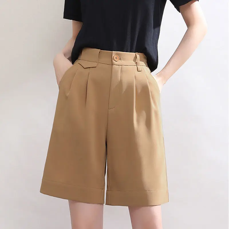 Summer Green Shorts Women High Waist Straight Knee-length Shorts for Women with Pocket Wide Leg Casual Short Pants Ladies Office maternity shorts