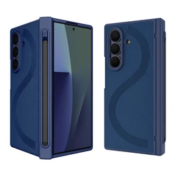 Premium PU Leather Foldable Case with Magnetic Hinge Protector, Stylus, and Privacy Screen Film - Galaxy Z Fold 7 (Blue)