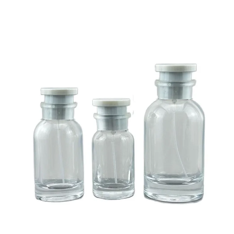 

8pcs Atomizer Spray Bottle Crimp Pump Black White Lid Clear Glass Refillable Vial Empty Cosmetic Perfume Bottles 30ML 50ML 100ML