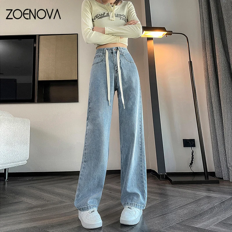 ZOENOVA 여성용 와이드 레그 팬츠, 레이디 캐주얼 청바지, 레이스 업 하이 웨이스트, 빈티지 루즈 스트레이트 팬츠, 패션, 2024 용수철 신상