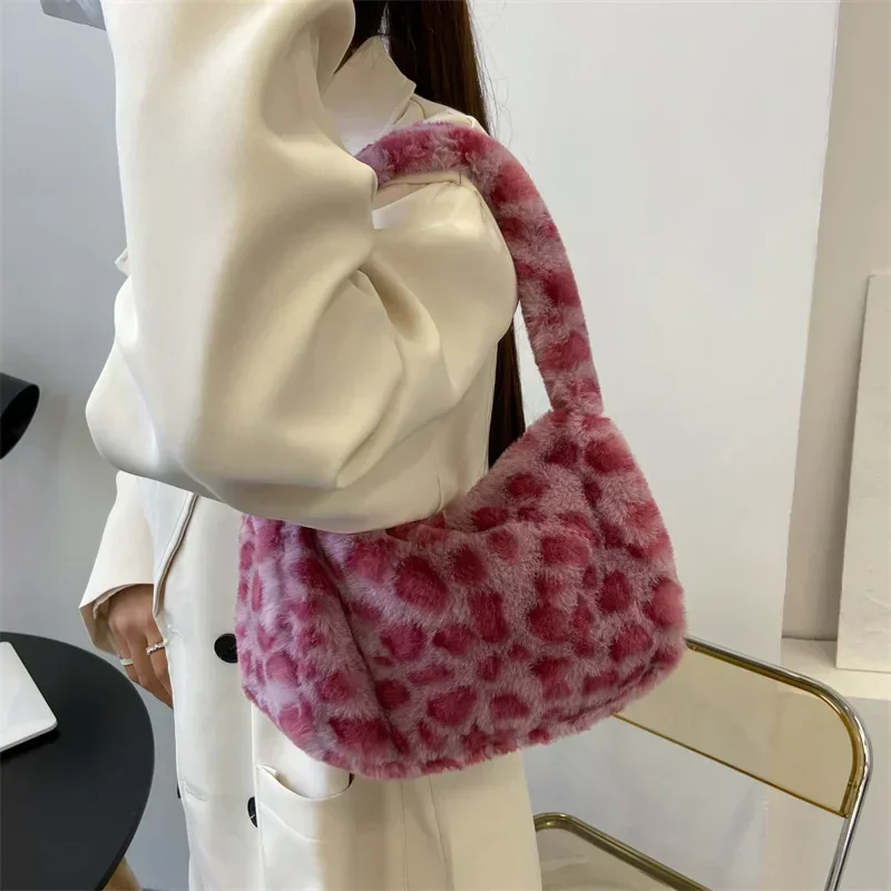 Y2k Korean Plush Retro Print For Women Underarm Leopard Zebra Pattern Fluffy Tote Bags Small Purses Handbags_voghion.com