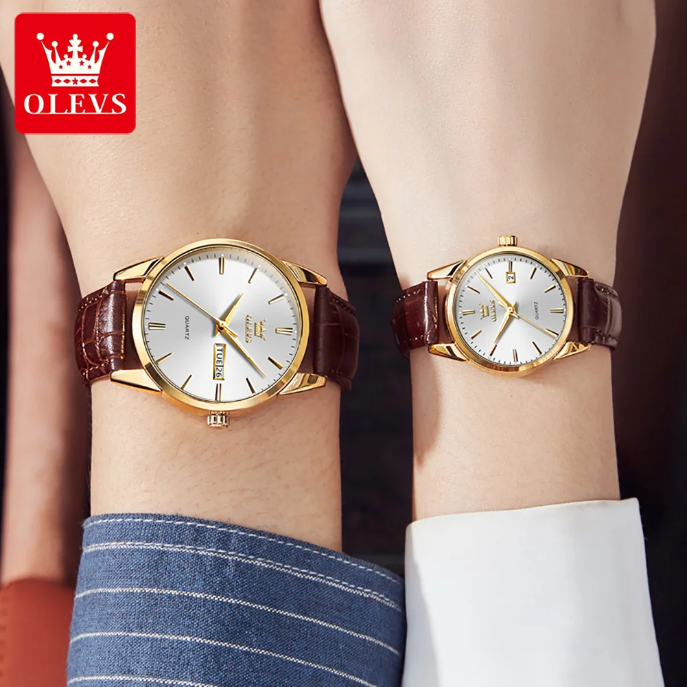OLEVS Couple Watches Fashion Leather Strap Quartz Watches for Women and Men Simple Date Week Dial Waterproof Couple Wrist Watch