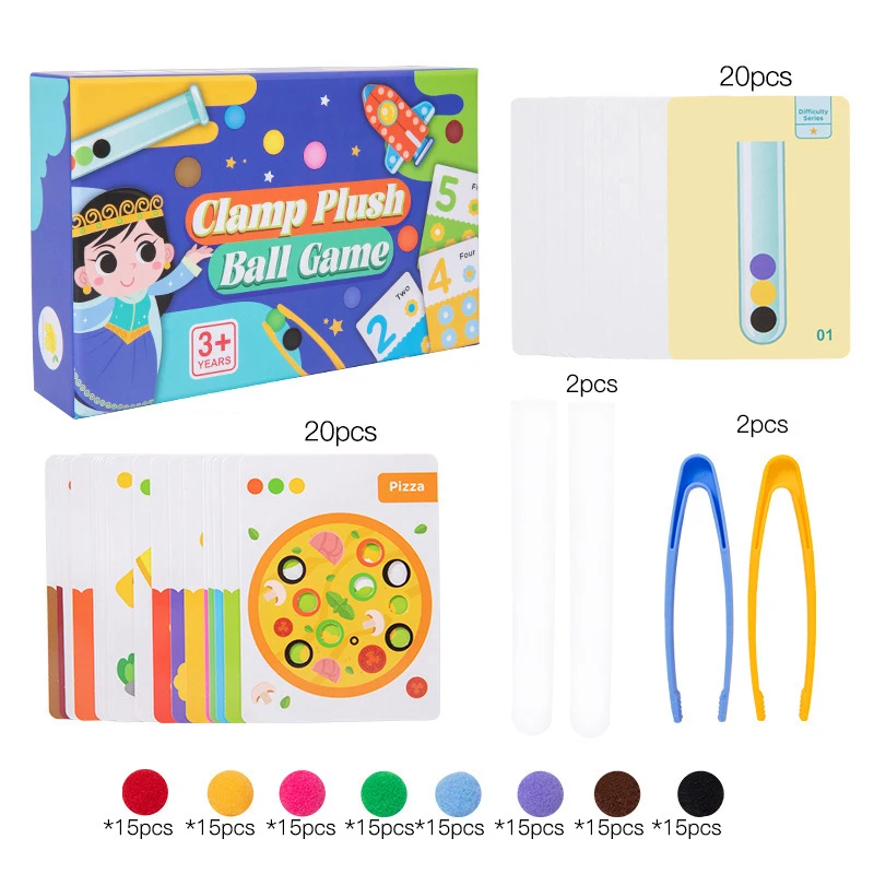 Clamp Plush Ball Game For Kids, Multi In One Clip Soft Beads Toy With Cards And Test Tubes, Color Recognition Teaching Aids 6