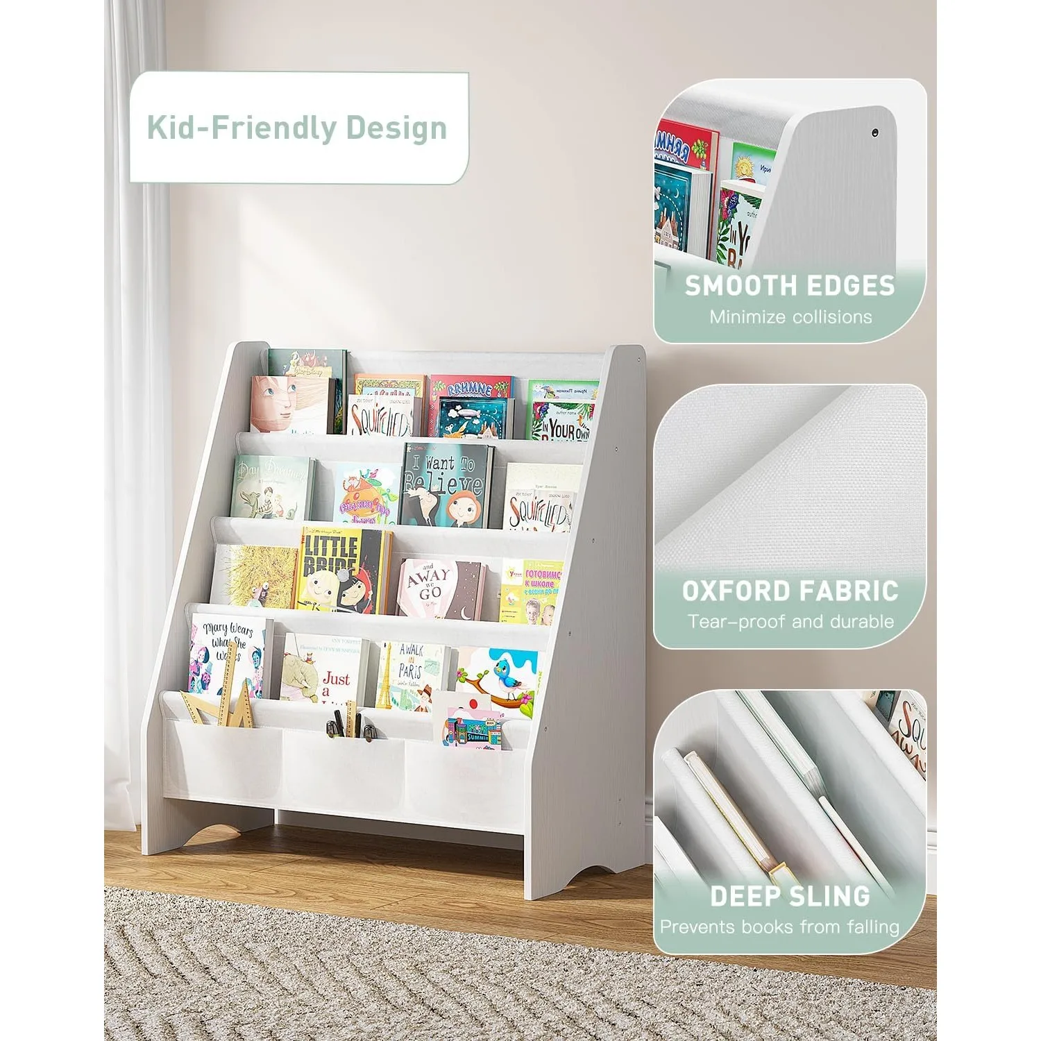 Sturdy Kids Bookshelf for Kids Room with Tear-Proof Oxford Sling, Ideal Height for Quick Book Access, White/Wood Texture 5