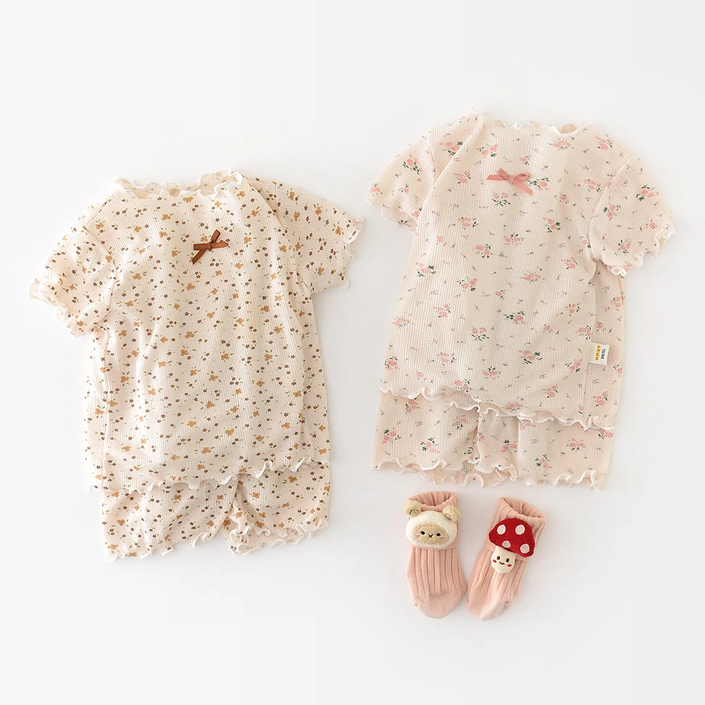 Cute Floral Baby Girls Short Sleeve Pajamas Set