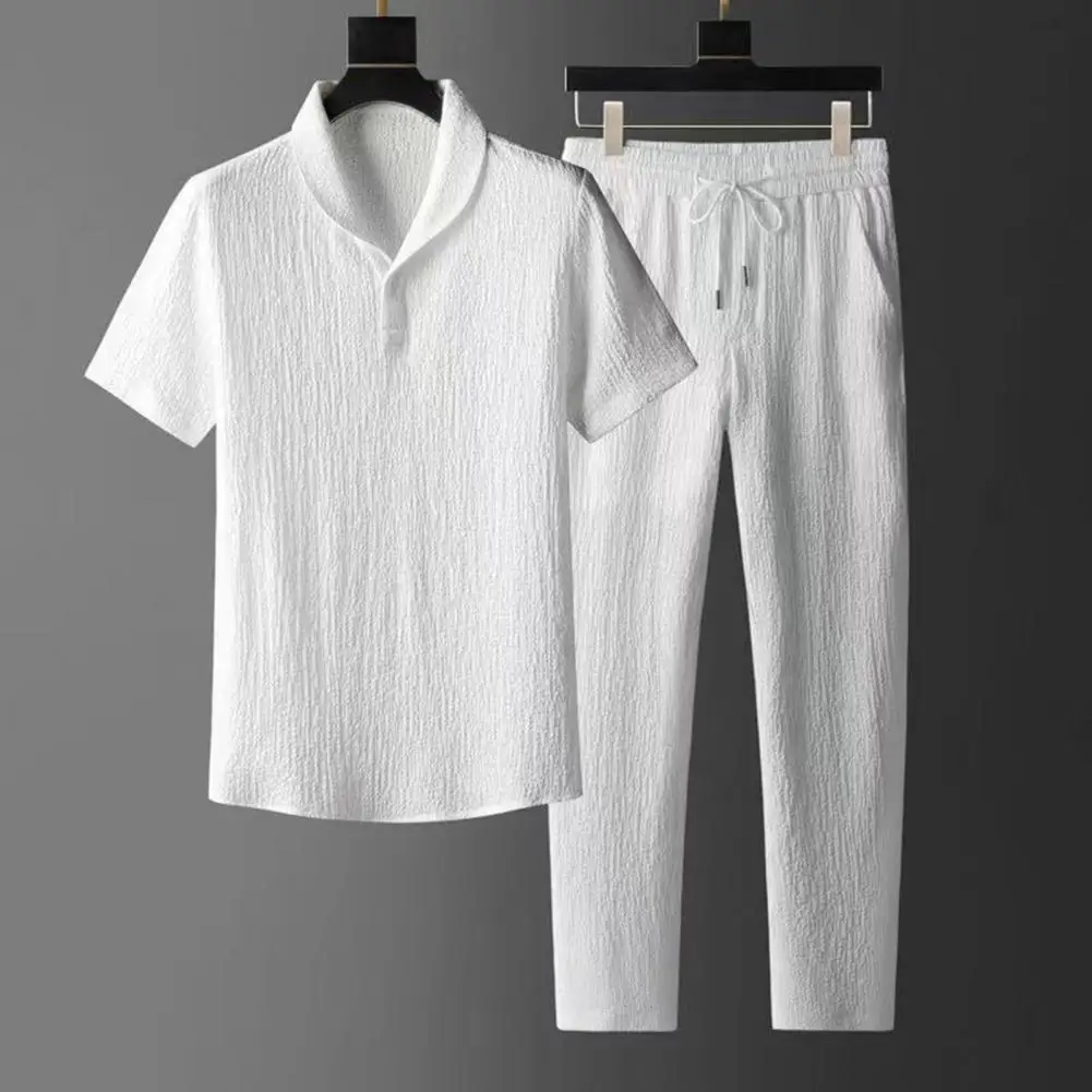 

Ice Silk Linen Men's Set Spring Summer 2024 Loose Pullover Tops and Elastic Waist Trousers Sport Suits Men Two Piece Sets