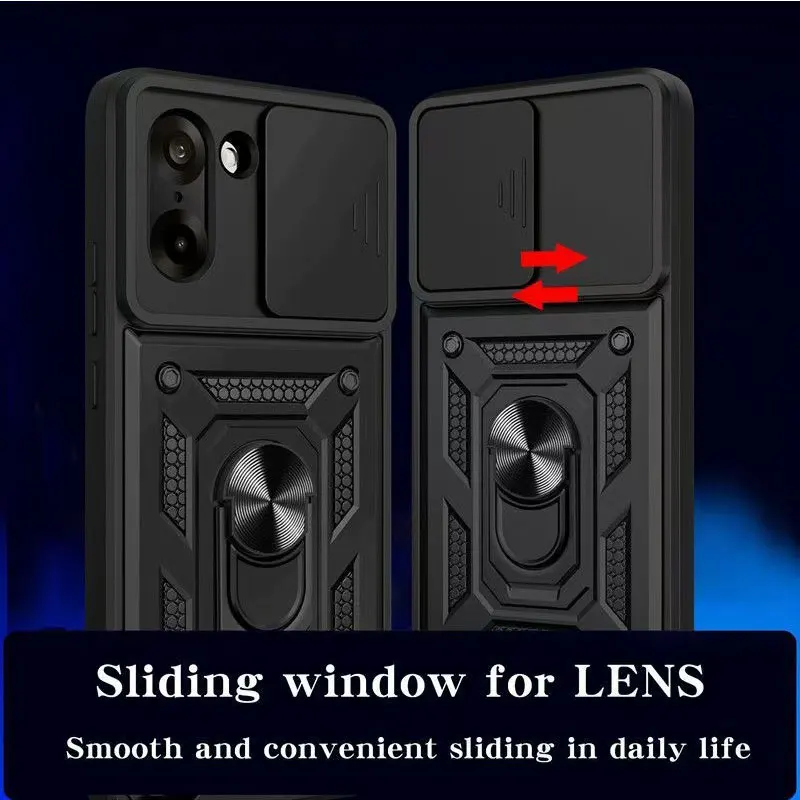 Slide Lens Cover with Magnetic Ring Stand Holder - Shockproof Armor Protection Phone Case