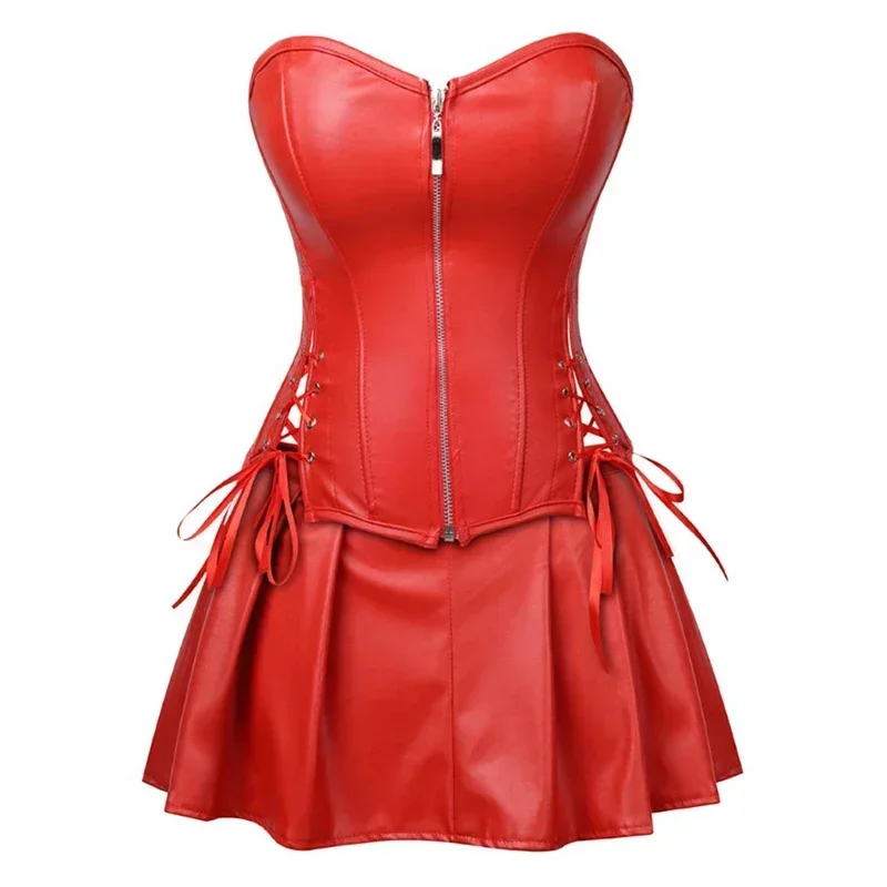 Women Punk Dresses Zipper Gothic PU Leather Corset Top PU Leather Corset Mini Skirt Sexy Ladies Eyelet Lace Up Pleated Dress