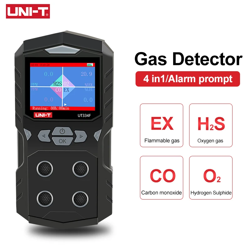 

UNI-T UT334E Multi Gas Detector Gas Meter O2 H2S CO LEL Oxygen Hydrogen Sulfide Carbon Monoxide Combustible Gas Leak Detector