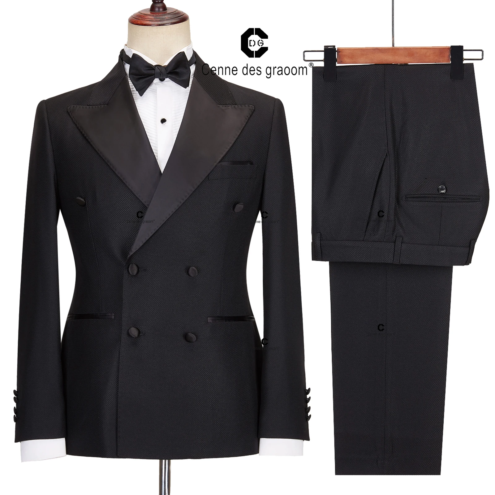 

Cenne Des Graoom Black Men Suits Double Breasted 2021 Latest Design Groom Wedding Tuxedos Best Costume Homme 2 Pieces