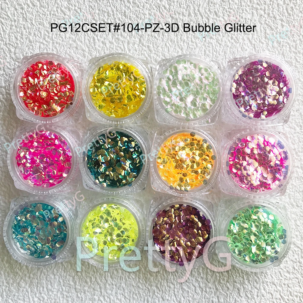 PrettyG 1 상자 핫 3D 버블 글리터 인어 물고기 비늘 스팽글 레인보우 육각형 글리터 DIY 네일 아트 장