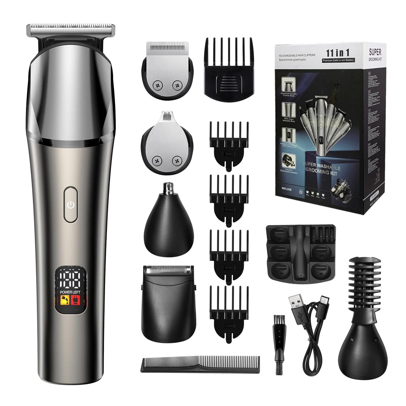 KIKIDO 6 IN 1 Hair Cutting Kits Professional Electric Trimmers Shaver USB IPX5 Waterproof Body Grooming Clippers KK-9001T