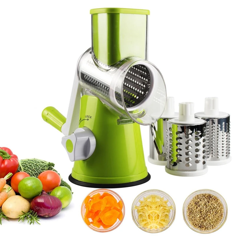 Vegetable Slicer Manual Rotary Vegetable Slicer Cutter Kitchen Vegetable Cheese Grater Chopper 3 Sharp Stainless Steel Drums KC0082