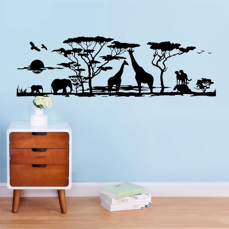 Large Africa Savannah Animals Tree Wall Sticker Living Room Bedroom Giraffe Bird Elephant Safari Jungle Wall Decal Kids Room