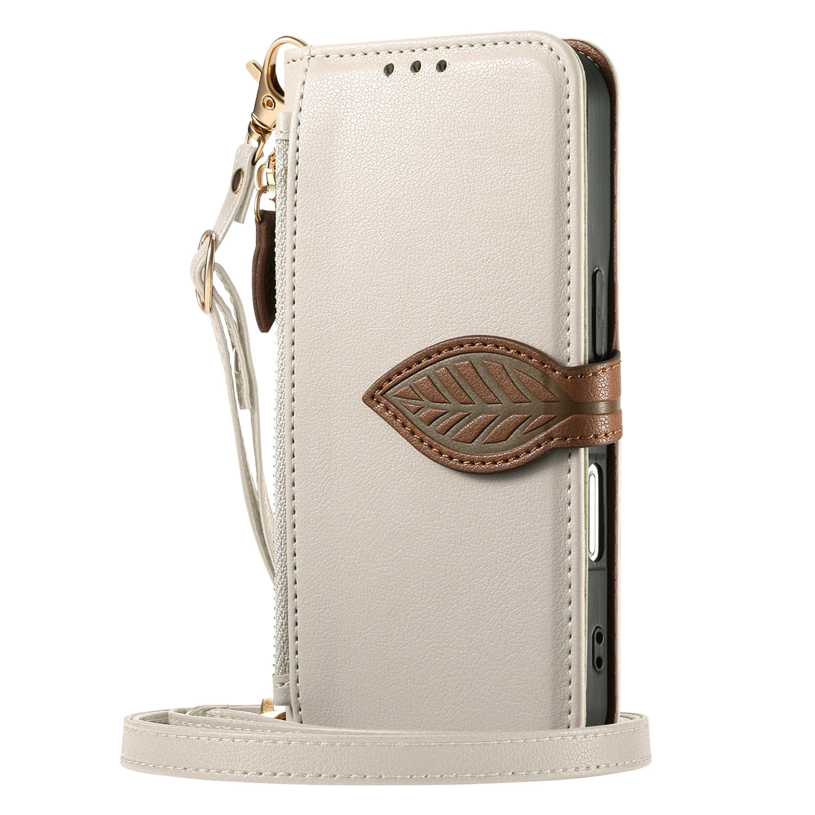 Leaf Buckle Leather Crossbody Lanyard Wallet Phone Case