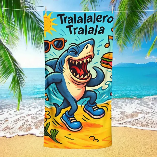 Interesting Tropical Cartoon Shark Tralalero Tralala Printed Beach Towel, Anti Sand Super Absorbent Quick Drying Towel 4