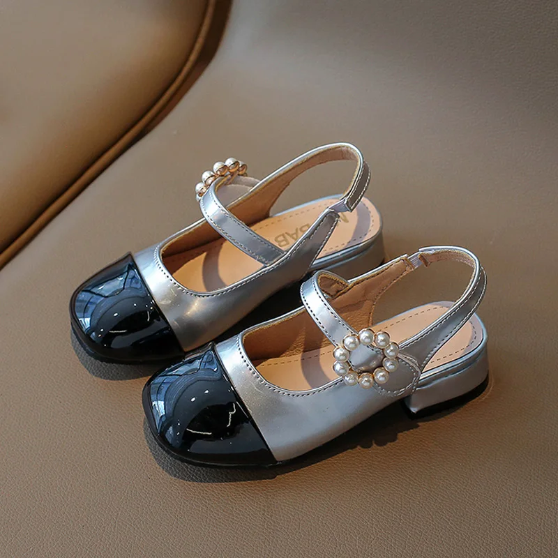 Patent Leatherette Heeled Slingback Sandals for Girl Elegant Wedding Party Shoes Kids Luxury Pearl Buckle Brand Design Sandalias 5