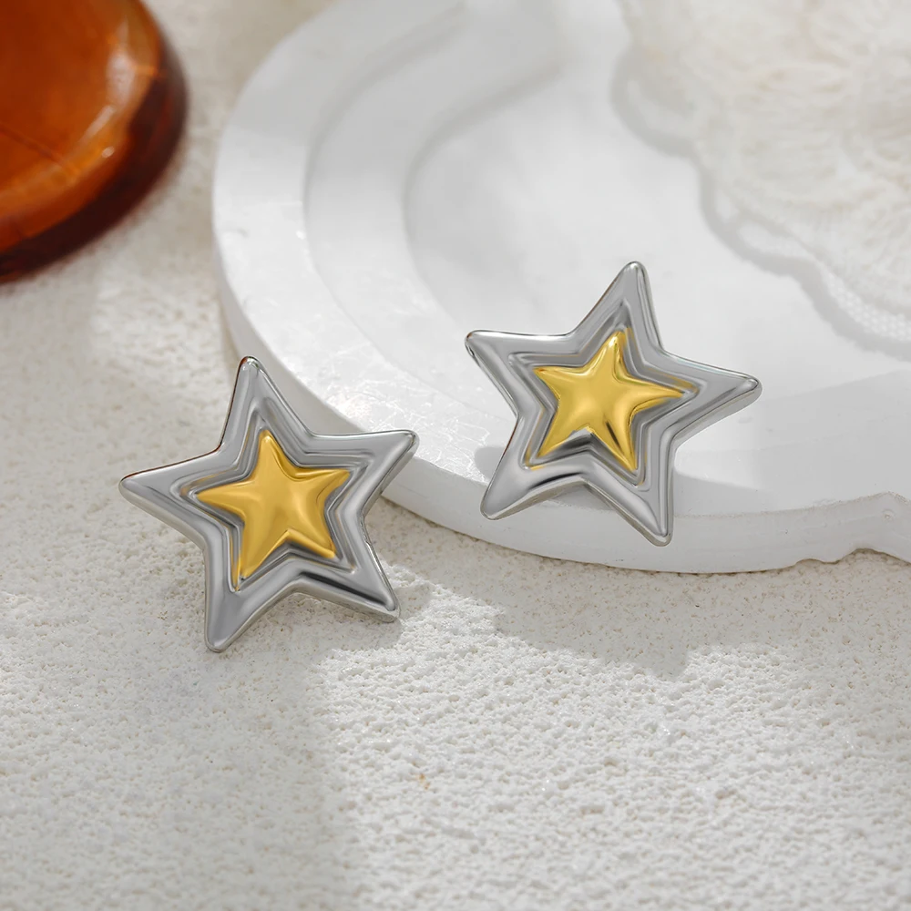 Cute Simple Gold&silver Mix Color Star Stud Earrings for Women Hypoallergenic Delicate Waterproof Geometric Stud Jewelry Gifts