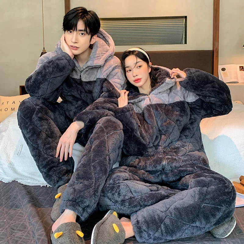 

Winter Thickened Thermal Men Pajamas Set Hooded Coral Fleece Sleepwear Pijamas Suit Loose Casual Flannel Home Wear with Pocket