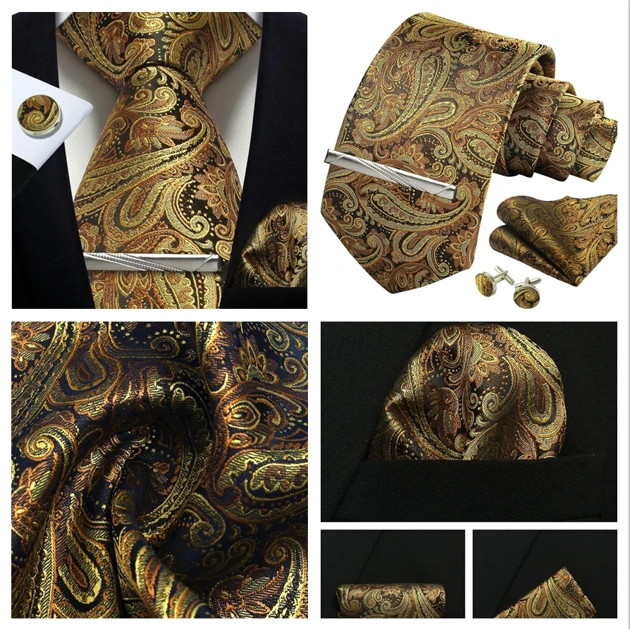 Herren Gold schwarz Paisley Seide Krawatte für Männer Luxus Geschenk klassische Krawatte Taschentuch Manschetten knöpfe Krawatten klammer Set formale Hochzeit Accessoires – Detail 10