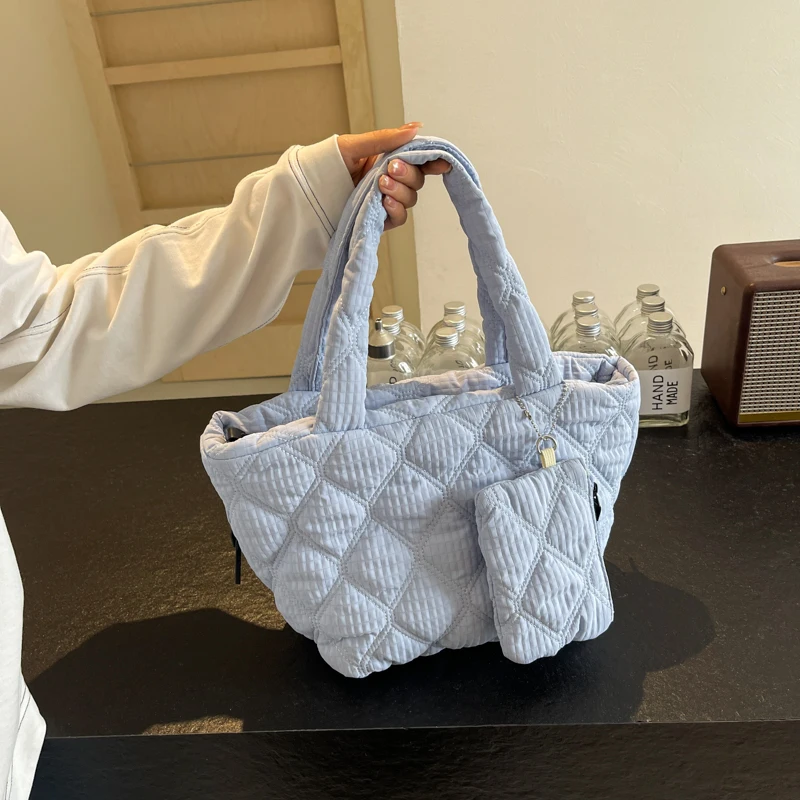 Women Soft Quilted Shoulder Bag Large Capacity Travel Padded Top-Handle Bag Diamond Grid Puffer Tote Bag Space Cotton Handbag