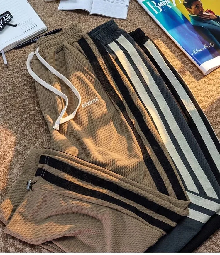 Description Picture 2 of itemWaffle Sweetheart Pants Men's Summer Thin Vintage Spliced Stripe Sports Pants ins Fashion Brand Loose Straight Leg Casual Pants