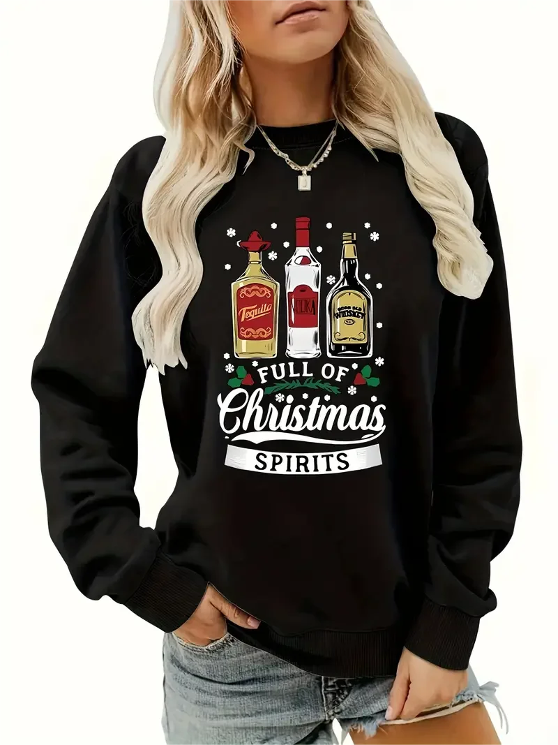 Christmas Wine Print Pullover Sweatshirt, Casual Long Sleeve Crew Neck Sweatshirt For Fall & Winter, Women's Clothing