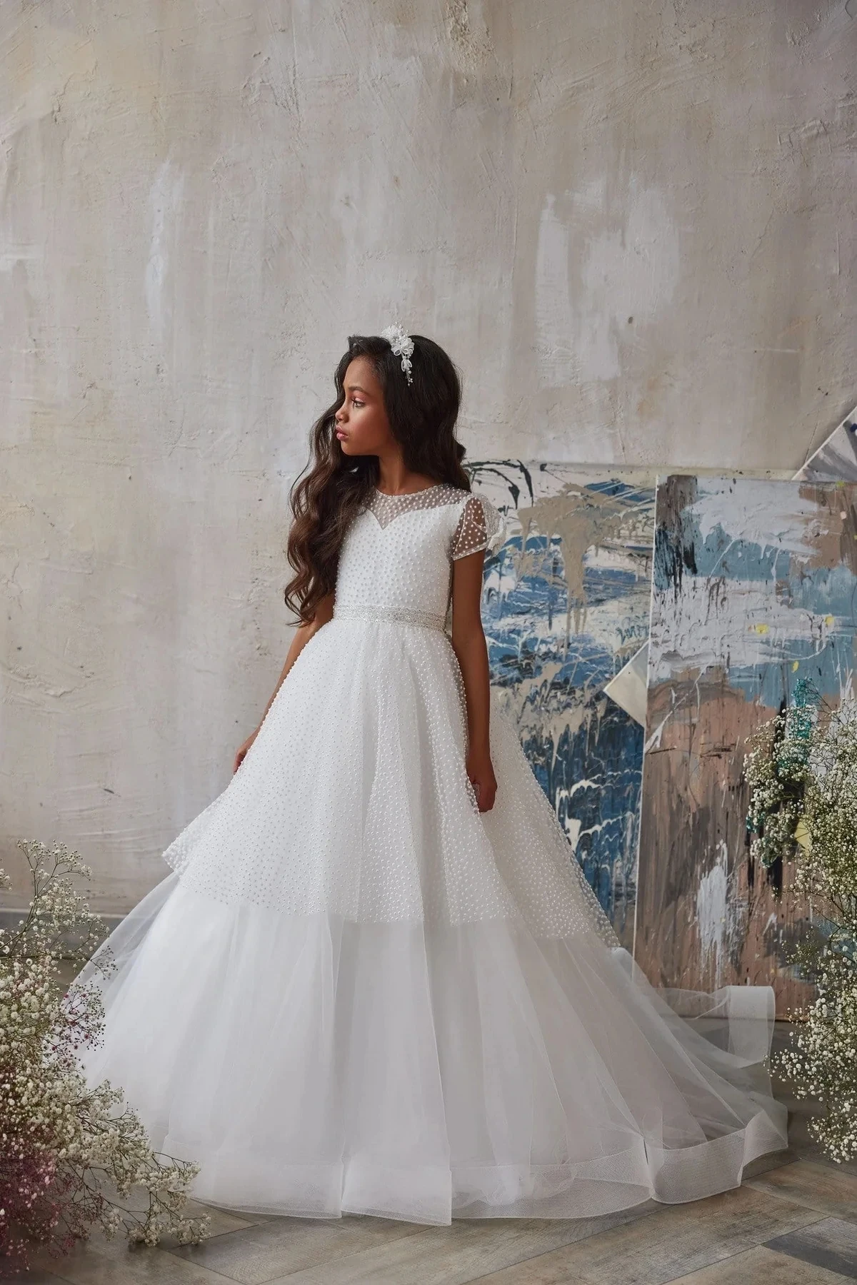 

Cute Flower Girl Dresses For Weddings A-line Cap Sleeves Tulle Long First Communion Dresses For Girl Little