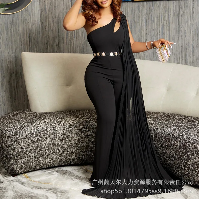 

Backless One Shoulder Cutout Asymmetrical Hem Jumpsuit Without Belt Women Solid Color Summer Spring Overall Pants Jumpsuits