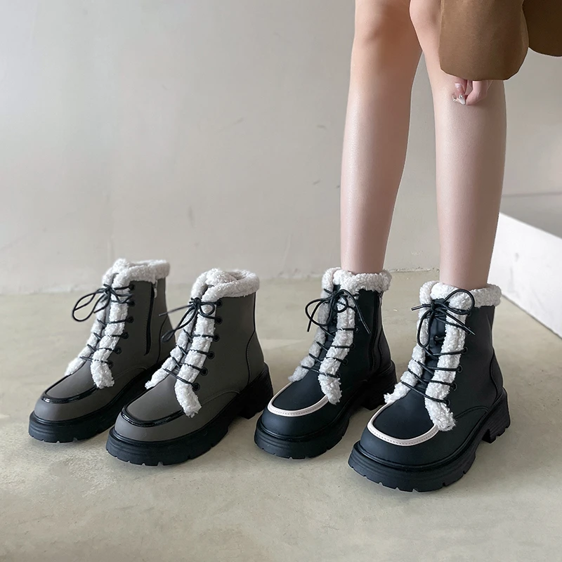 

2023 Winter Botas Women Snow Boots Plush Warm Round Toe Fashion Ankle Suede Lace-up Boots Platform Cotton Shoes