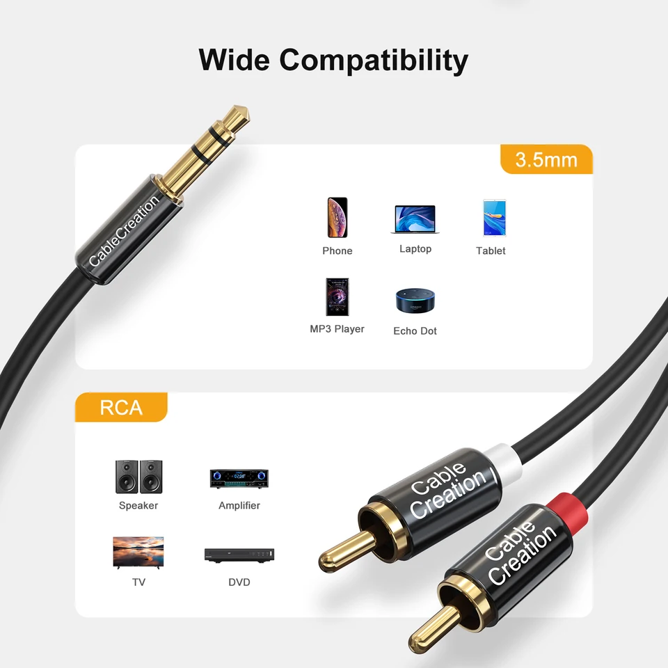 16.5ft Gold-Plated 3.5mm To Dual RCA Audio Cable - Stereo Male To 2 RCA Male, Shielded Y Cable
