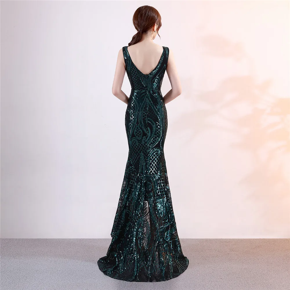 Women's  V Neck Sequins Tank Asmmetrical Mermaid  Evening Dress