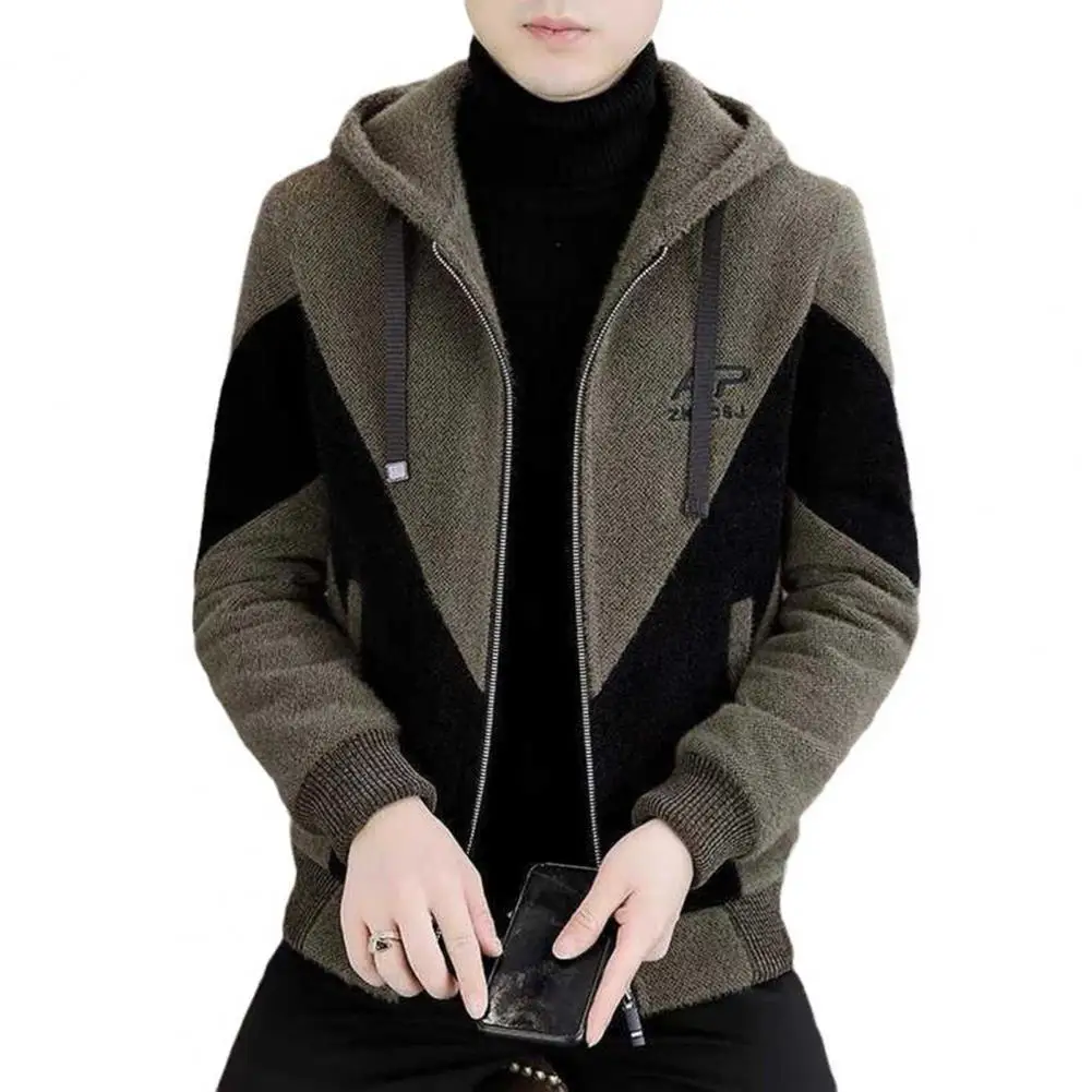 

Full Zipper Men Jacket Windproof Winter Jacket for Men Men's Hooded Drawstring Jacket with Color Matching Thick Soft for Plus