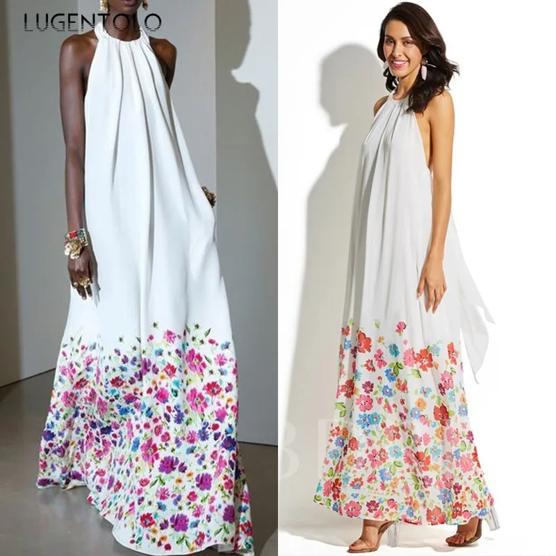

Women Sexy Halter Dress Print Sleeveless Big Swing Folds Spring Summer Lady Elegant Lace-up Thin Backless Beach Long Cloth