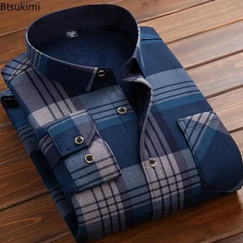 2025 Camicia a quadri in pile casual autunno inverno da uomo Moda morbida e calda Camicia a maniche lunghe con colletto rovesciato Top maschili di alta qualità 1