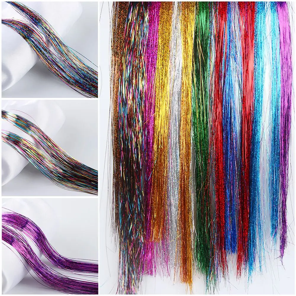 100 fili Ragazze Streak Clubbing Estensione dei capelli scintillanti Capelli di seta bling Tinsel Glitter Colore arcobaleno - immagine 4