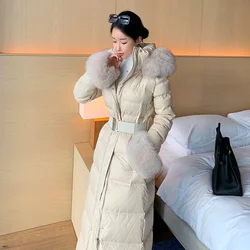 2024 Winter New Women White Duck Down Jackets Female Long Fox Large Fur Collar Outerwear Ladies Thickened Warm Hooded Coat Q773