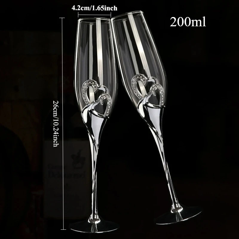 2pcs Wedding Champagne Glass Set Toasting Flute Glasses with Crystal Rimmed Hearts Decor Drink Goblet Cup