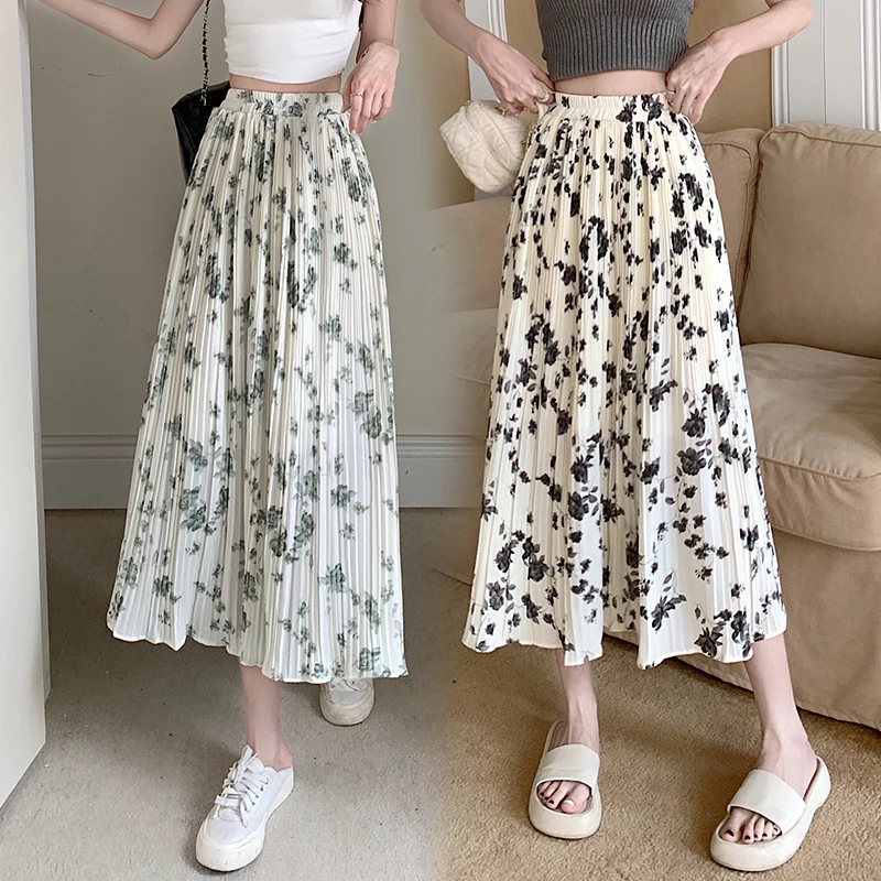 

Summer Flower Print Chiffon Pleated Skirt Women Korean Fashion Elastic High Waist A-line Slim Midi Long Skirt