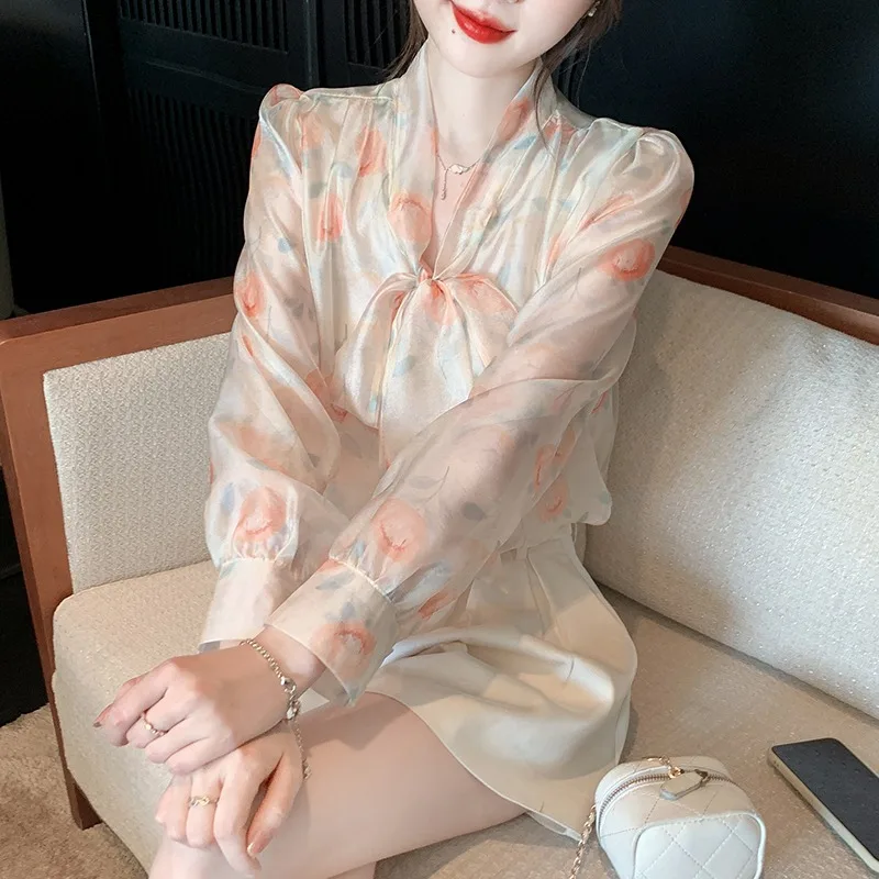 

Floral Chiffon Shirt Tops Women's Spring Autumn 2023 New Beautiful Pullover Bowknot V-Neck Chic Shirt Female Long-Sleeved French