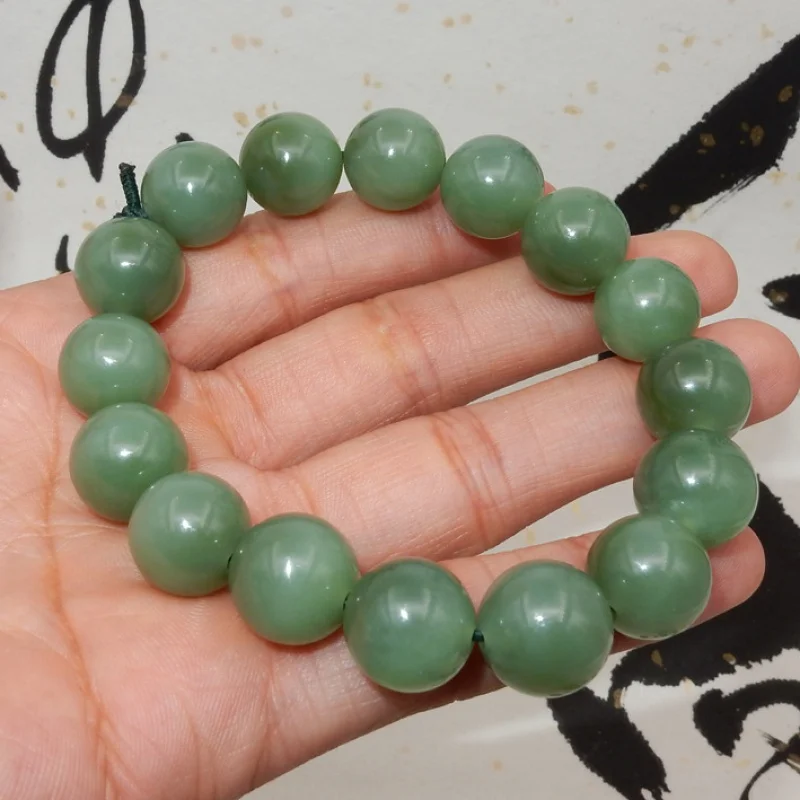 

Old Material Hetian Jasper Spinach Green Men's and Women's Jade Bead Bracelet Jewelry