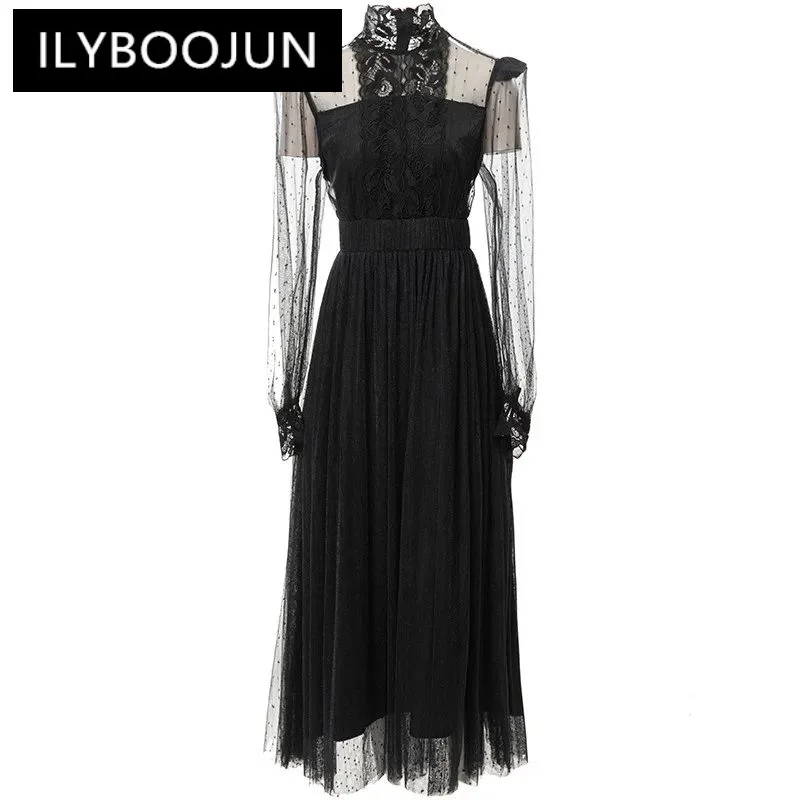 

ILYBOOJUN Fashion Designer spring Summer Women's Stand Collar Lantern Sleeved Mesh Lace hollow Party Prom Dress