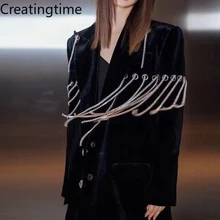 

Creatingtime 2022 Spring New Fashion Tide Women V-neck Tassel Chain Hole Patchwork Fried Street British Velvet Blazer GA334