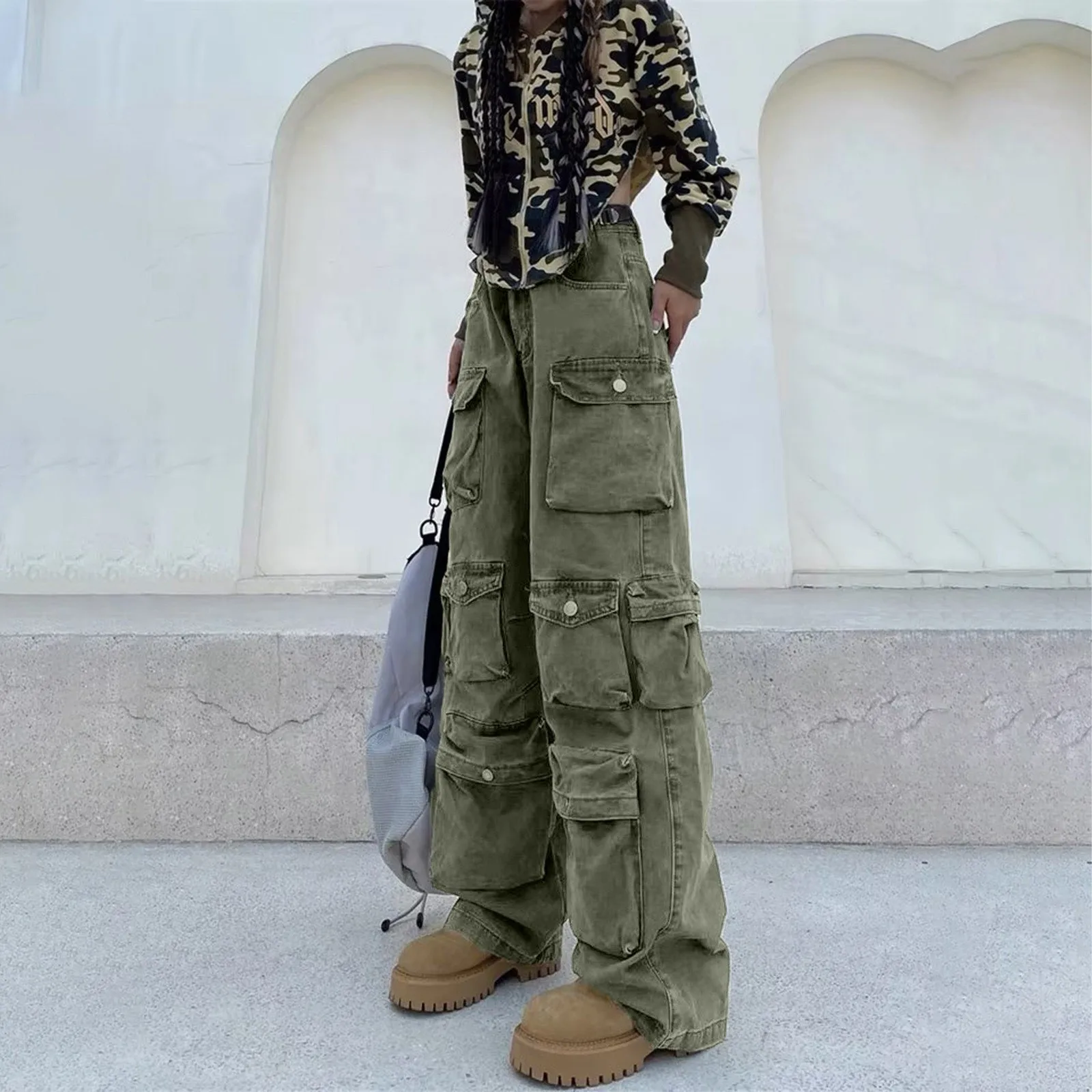 Womens Harajuku Oversized Cargo Pant Wide Leg Baggy Trousers Y2k Streetwear Military Sweatpants Joggers Sports Youthful Pants