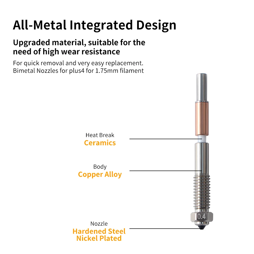 For QIDI Plus4 Bimetal Nozzle Quick Removal Ceramic Insulation Integration 0.4mm Nozzles High Temperature Resistance 3D Printer Nozzle