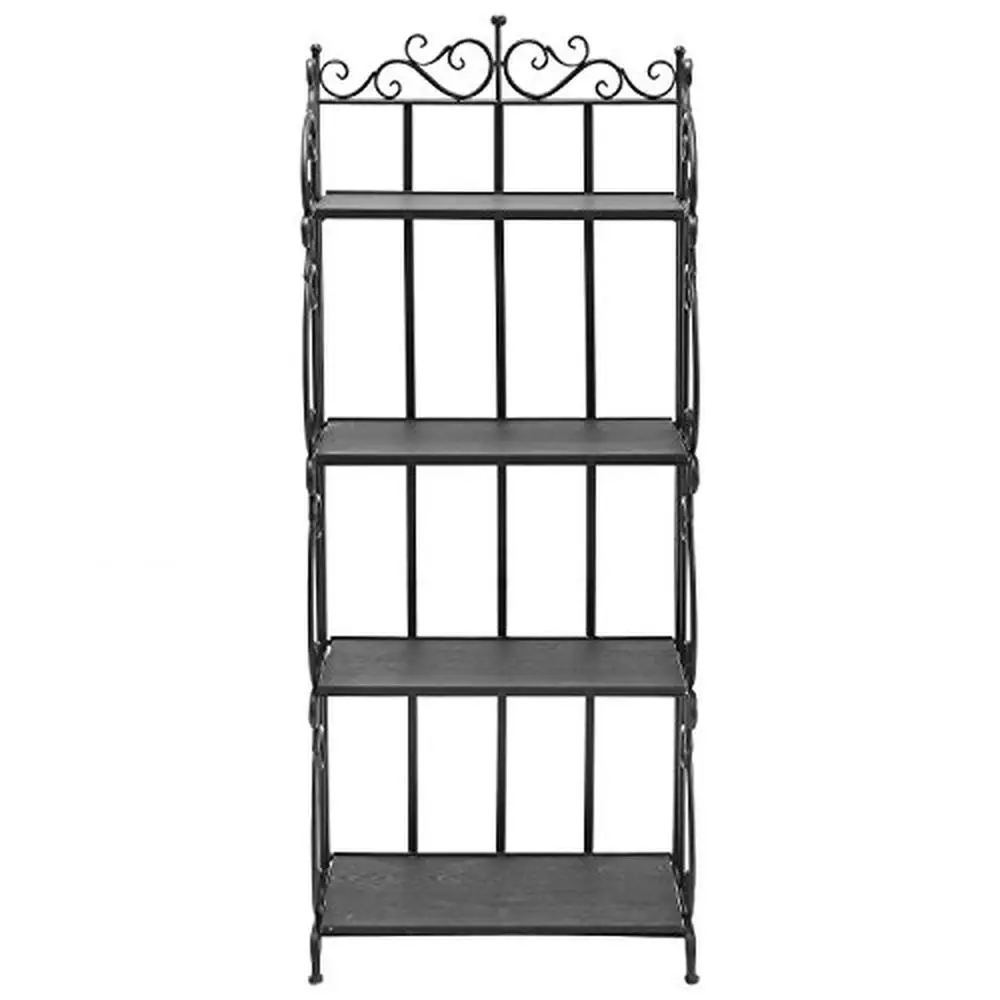 Black Metal Decorative Bakers Rack with 4 Tiered Shelves and Scrollwork Frame Indoor Plant Stand and Bookshelf Organizer 6