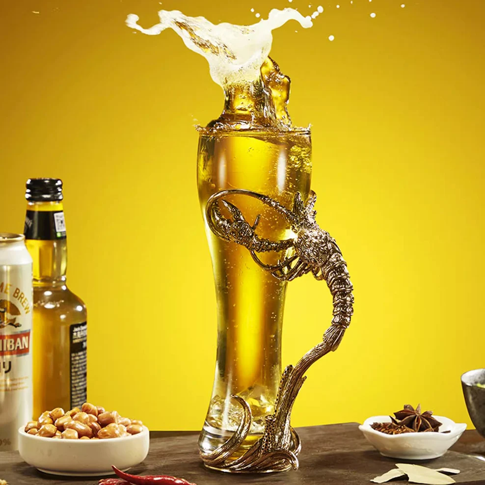 Creative crayfish beer-glass, Large capacity glass beer tumbler for home bar, Fashionable beer-mug gift box Packaging, 420ml