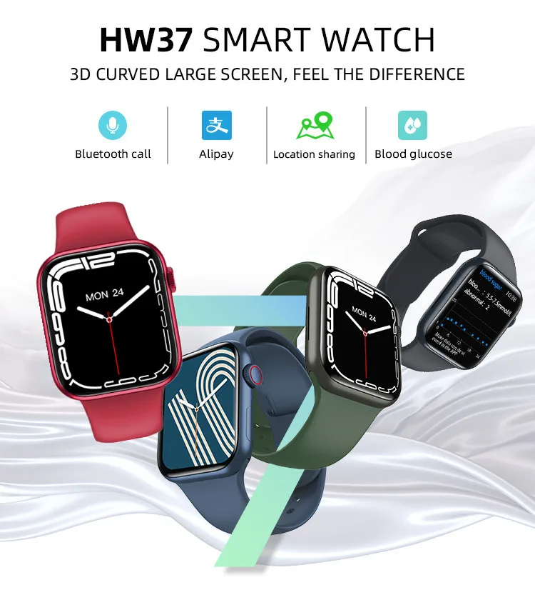 HW37 Series 7 Smart Watch Language Call Blood Sugar Monitoring Caller Information Reminder Music Sports Watch PK W27 Iwo 13 W37
