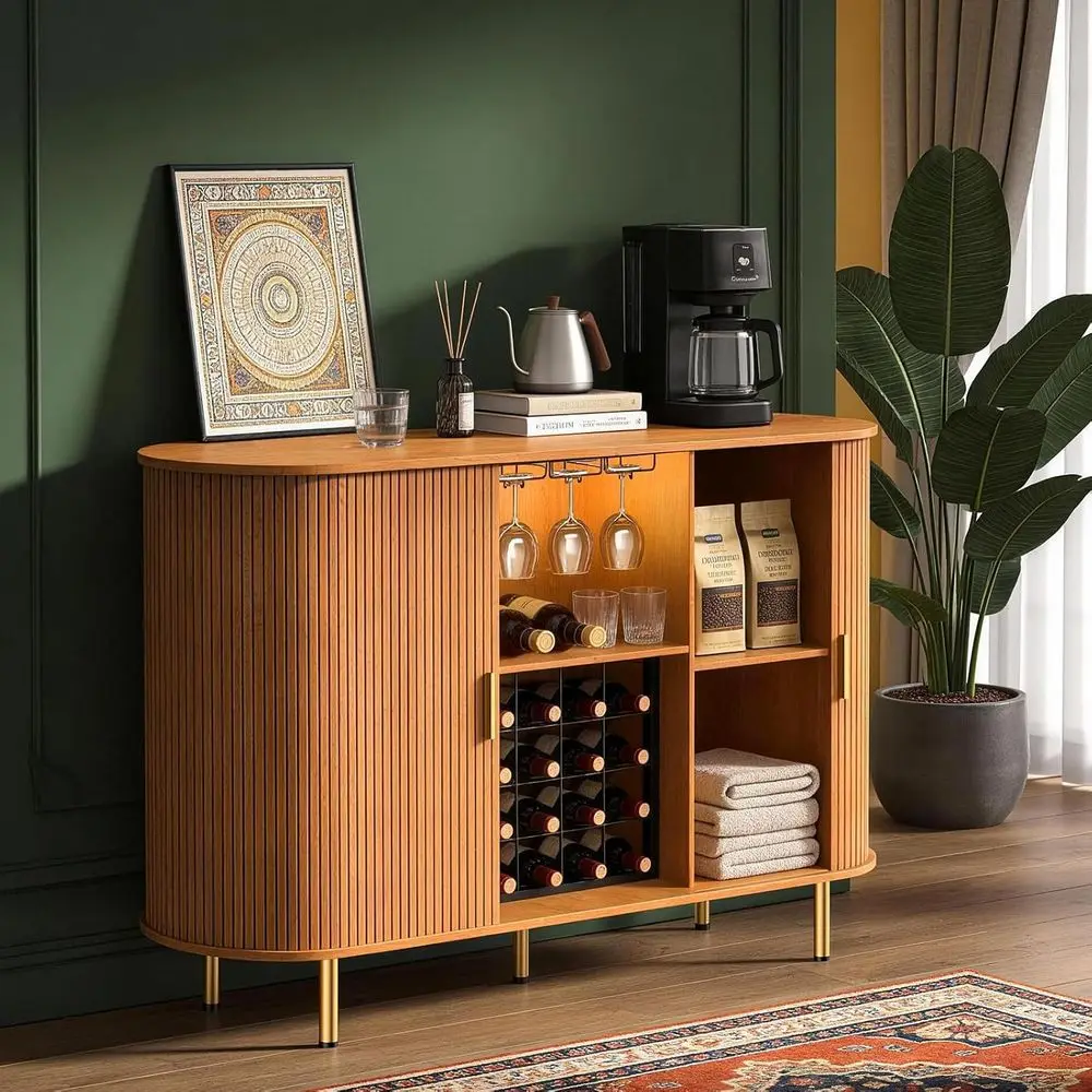 55 Wine Bar Cabinet with Storage, Fluted Liquor & Coffee Bar Cabinet with Wine Rack and Glass Holder, et Sideboard LED